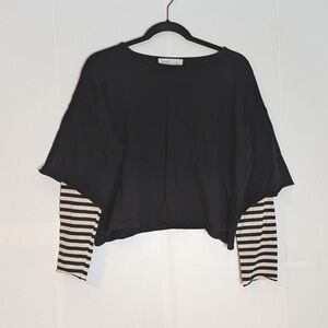 Amici By Baci Cropped Boxy Long Sleeve Layered Top Striped Size S Lagenlook